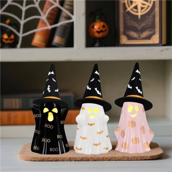 Halloween Decorations Indoor, Set of 3 Ceramic Halloween Ghosts with Witch - Picture 3 of 7